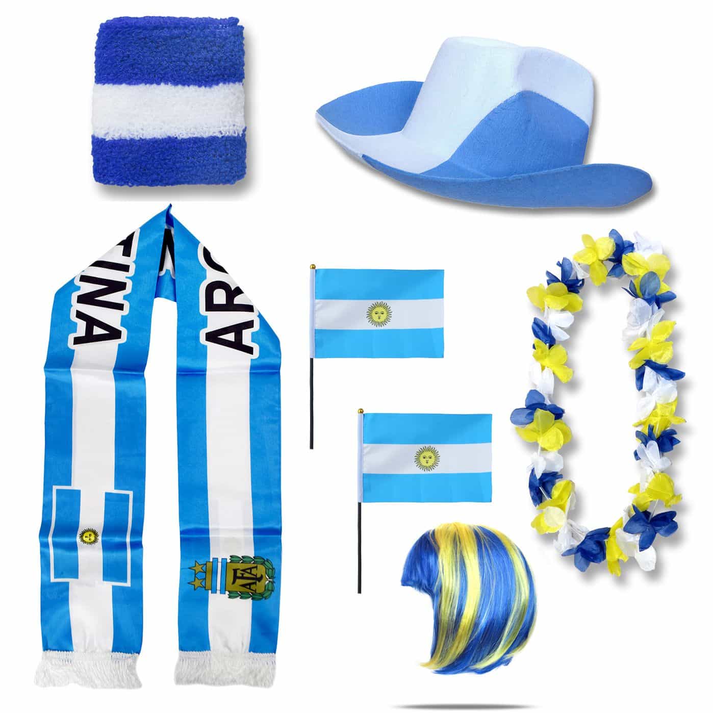 Fan-Paket "Argentinien" Argentina WM EM Fußball Schal Hawaiikette Hut Schweissband Fahne Iro Perücke