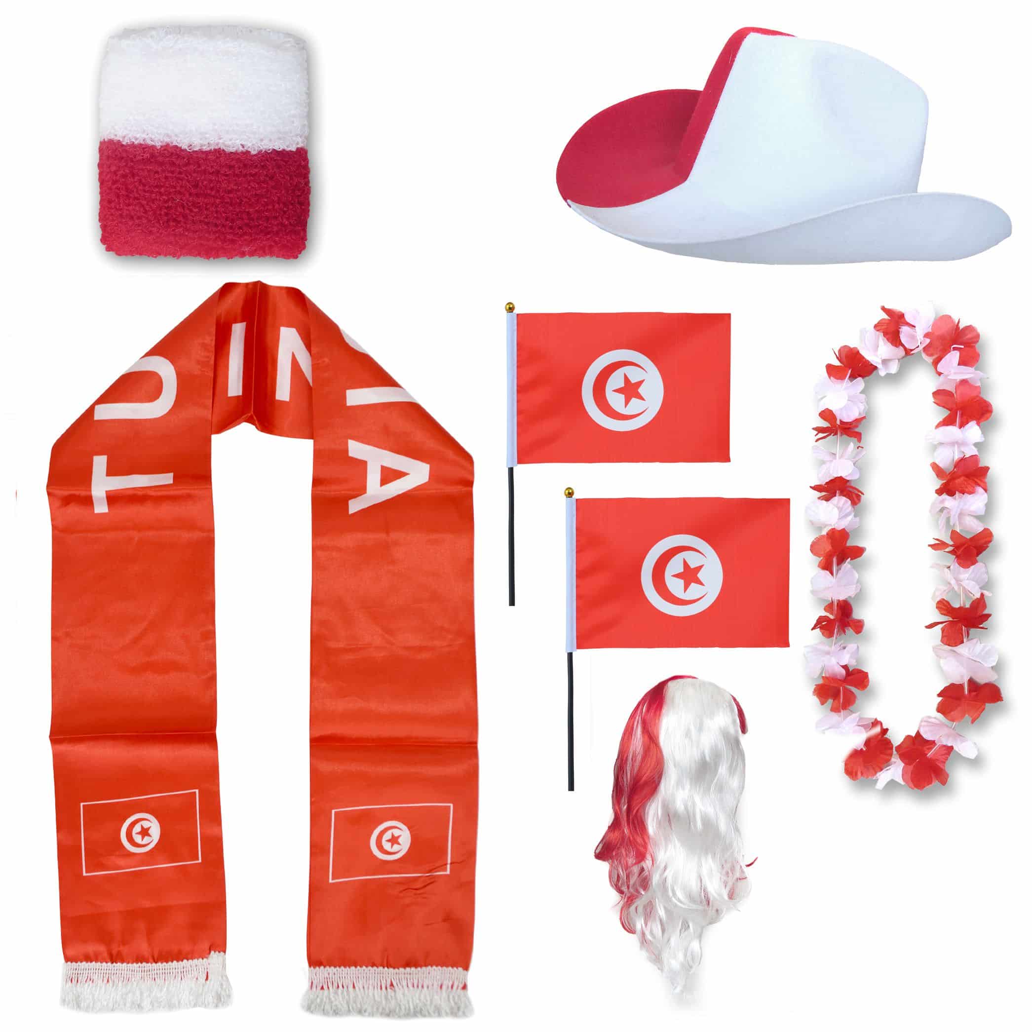 Fan-Paket "Tunesien" Tunisia WM EM Fußball Schal Hawaiikette Hut Schweissband Fahne Perücke