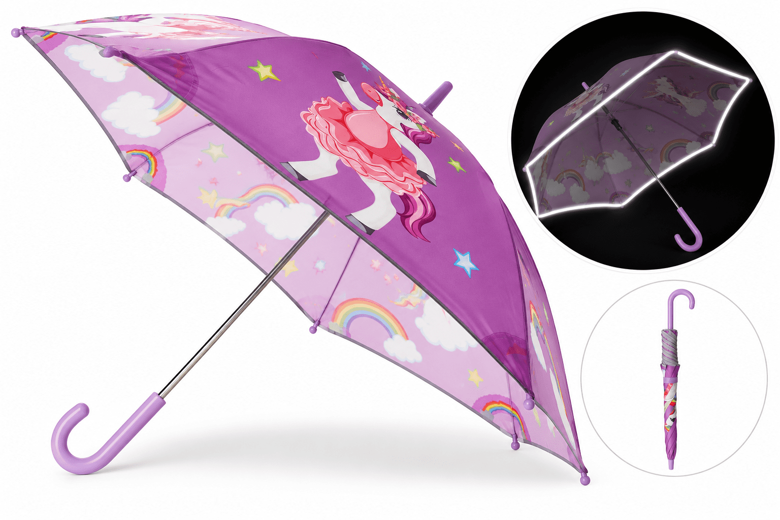 Kinder Regenschirm reflektierend Sicherheitsschirm Einhorn lila rosa Sternchen Unicorn