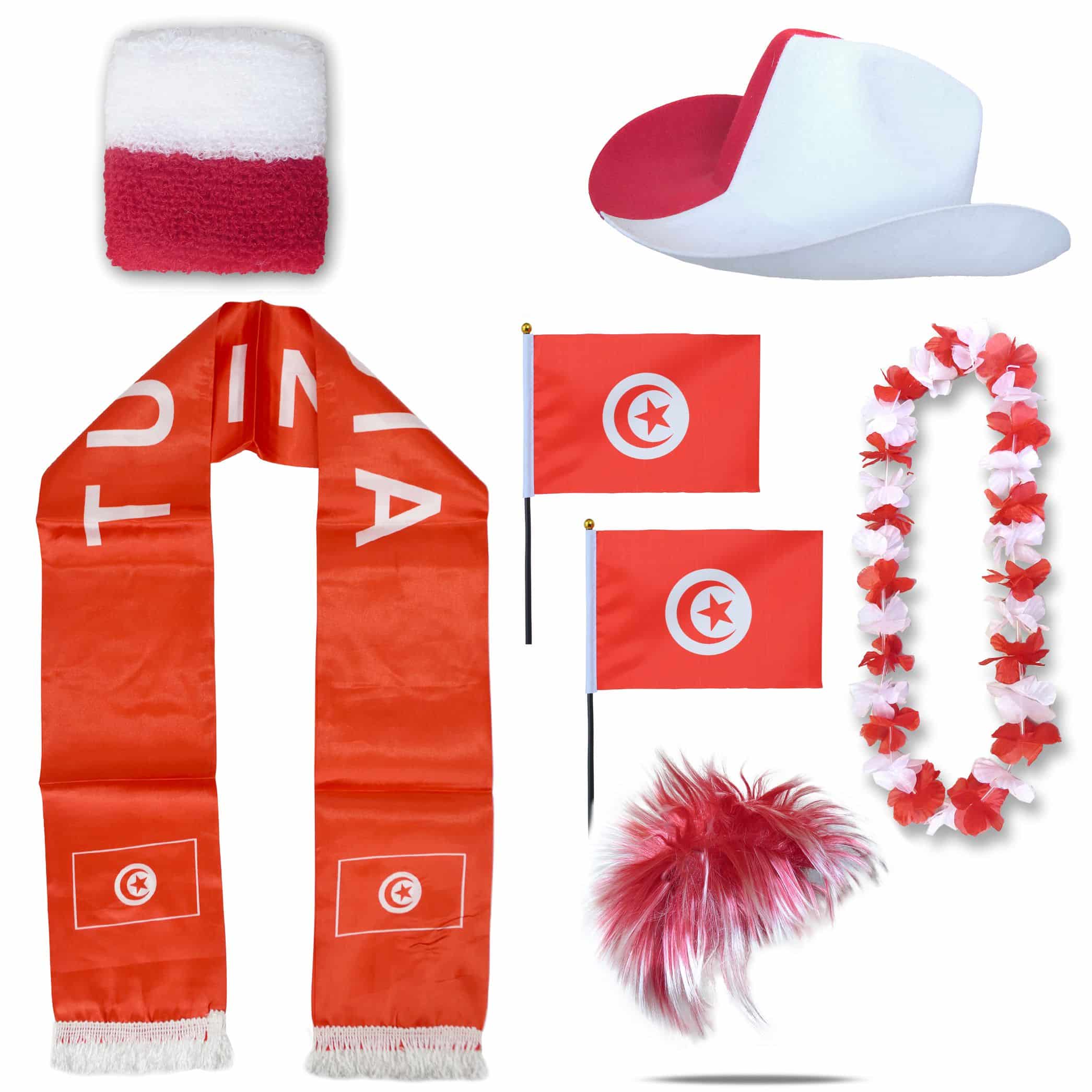 Fan-Paket "Tunesien" Tunisia WM EM Fußball Schal Hawaiikette Hut Schweissband Fahne Perücke