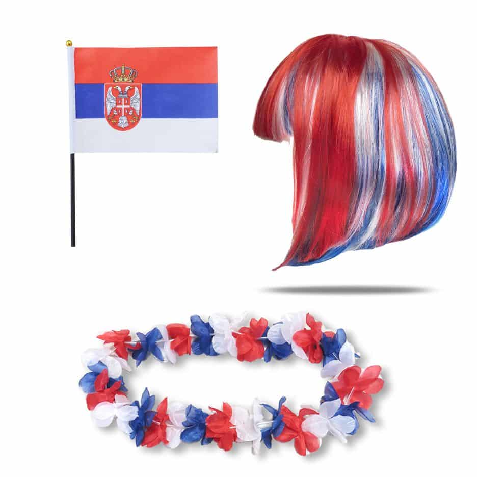 Fanset "Serbien" Serbia Blumenkette Fahne Flagge Perücke Bob