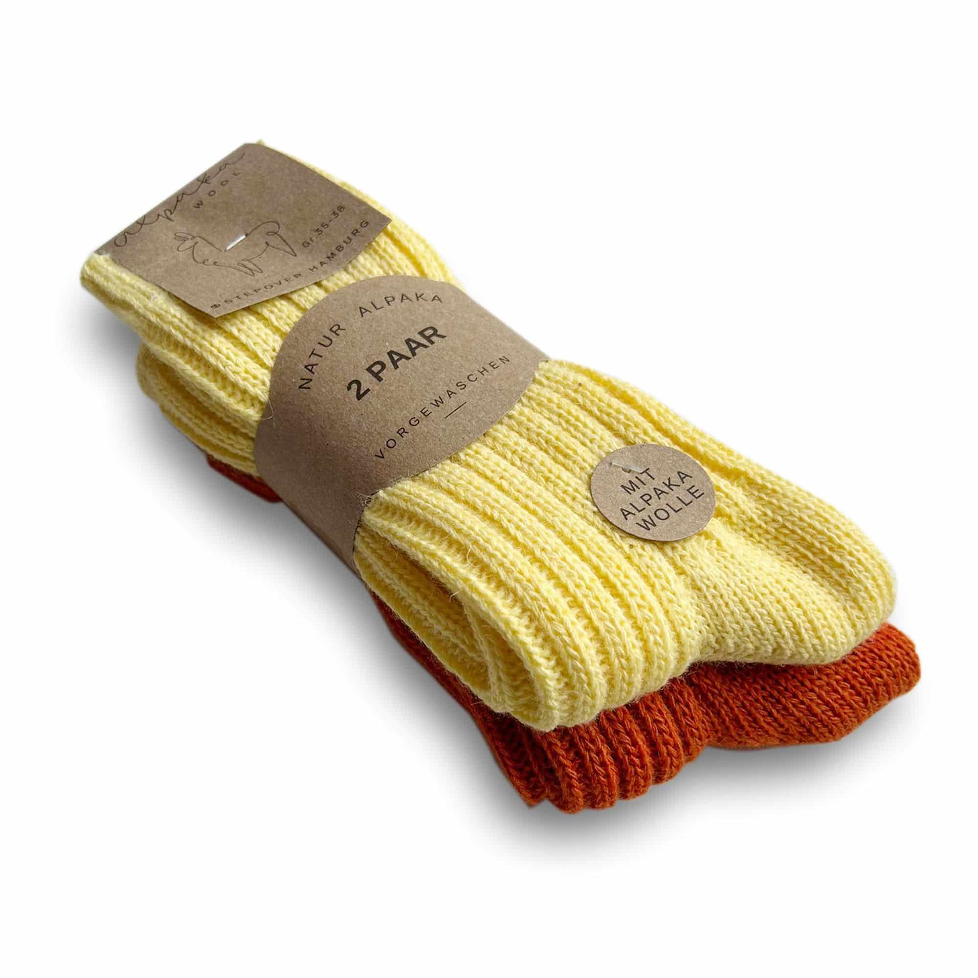 2 Paar Alpakasocken, medium gestrickt, 48% Schafwolle, 30% Alpaka, 12% Polyamid, 10% Polyester