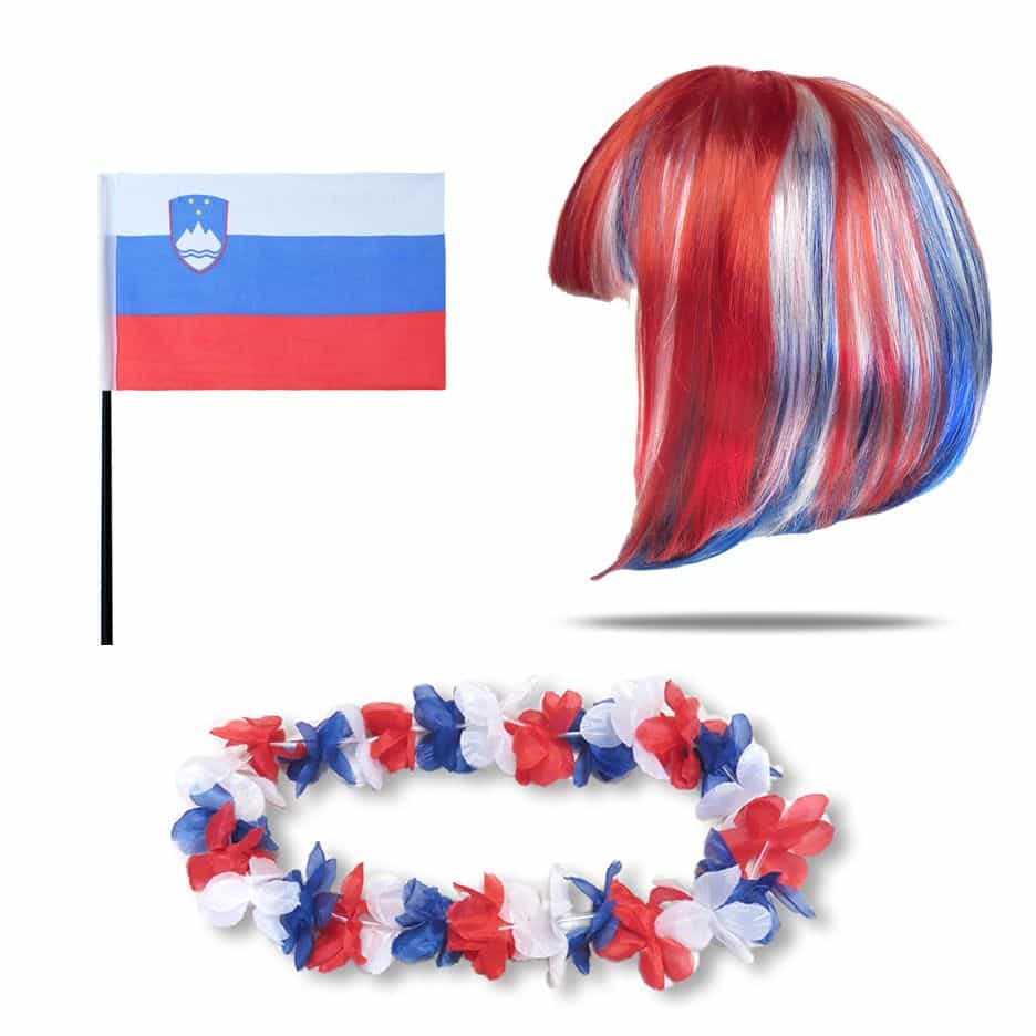 Fanset "Slowenien" Slovenia Blumenkette Fahne Flagge Perücke Bob