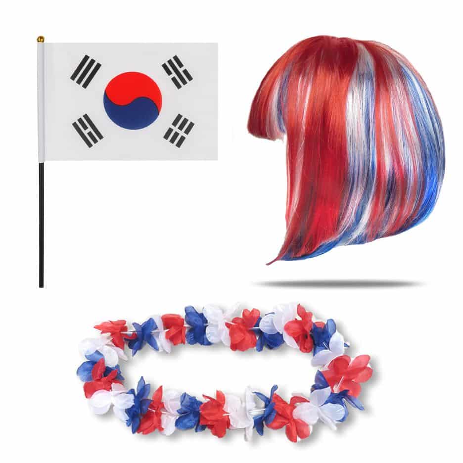 Fanset "Südkorea" South Korea Blumenkette Fahne Flagge Perücke Bob