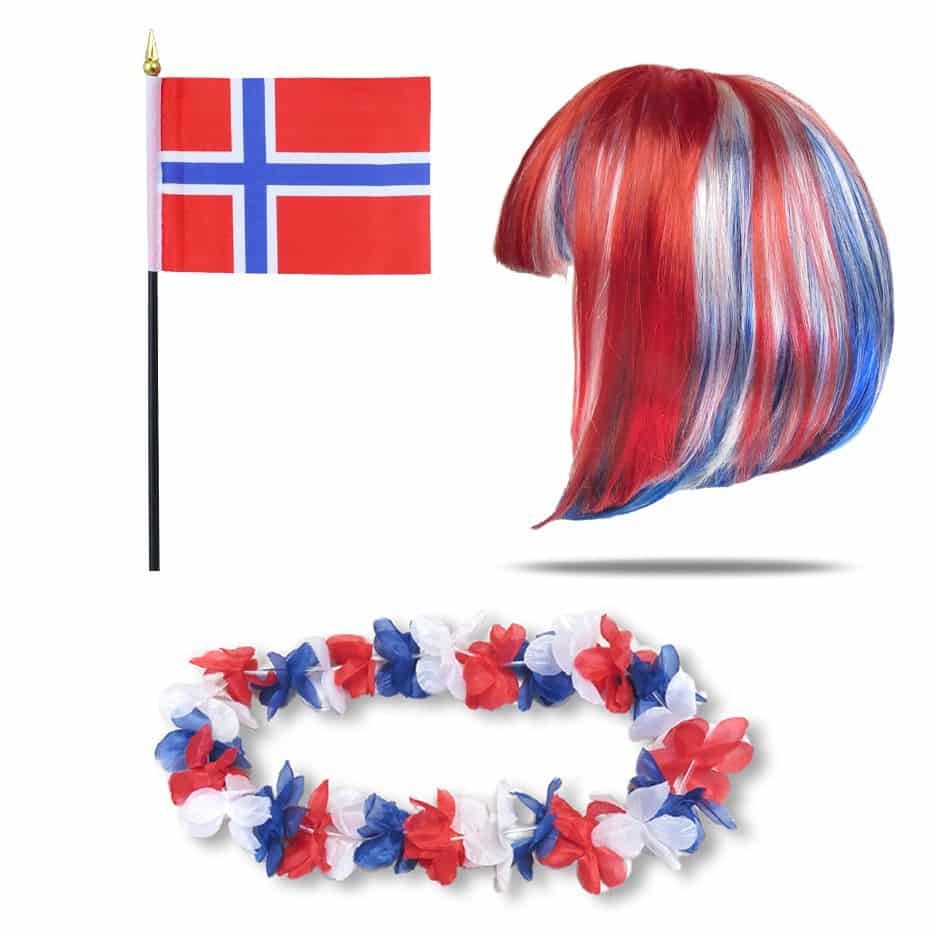Fanset "Norwegen" Norway Blumenkette Fahne Flagge Perücke Bob