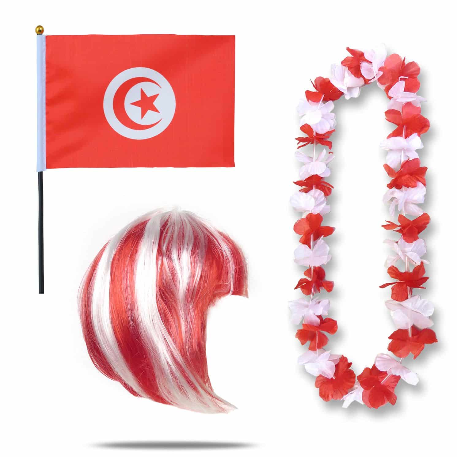 Fanset "Tunesien" Tunisia Blumenkette Fahne Flagge Perücke Bob