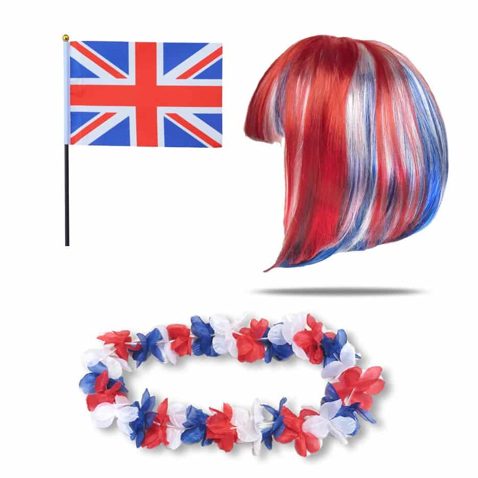 Fanset "Grossbritannien" GB UK Blumenkette Fahne Flagge Perücke Bob